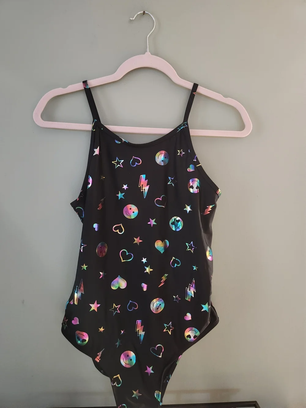 The Children's Place Black One-Piece Swimsuit with Holographic Emoji Print